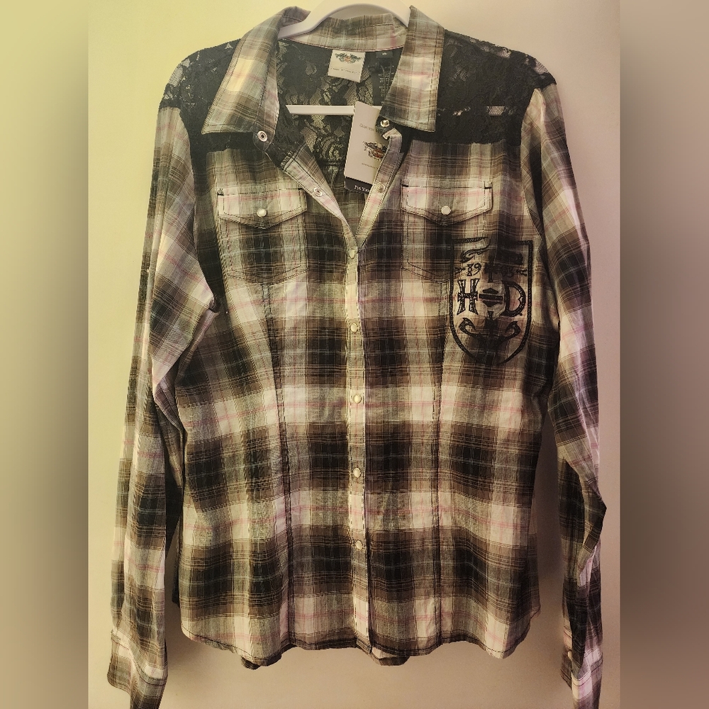 NWT Harley Davidson Plaid Button-Up Shirt with Black Lace